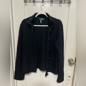 Ralph Lauren XL Black Lambswool Cardigan Jacket – Faux Fur Collar
